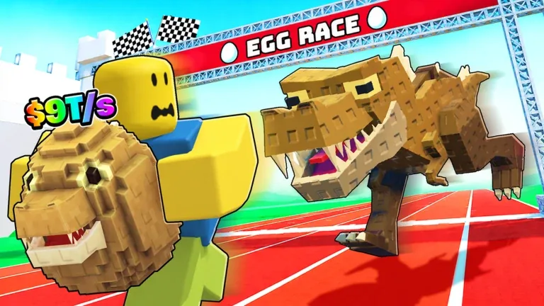 Race for Eggs — a runner carrying a crocodile egg under the EGG RACE gantry while the crocodile chases