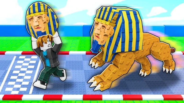 A sphinx chasing a runner carrying a sphinx egg across the desert arena